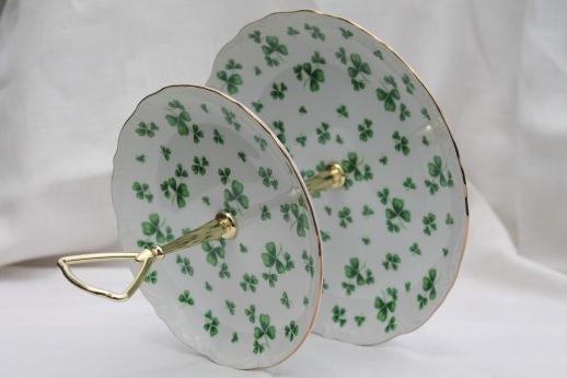 photo of vintage Lefton china green shamrock tiered plate, two-tier tea sandwich or cake tray #4