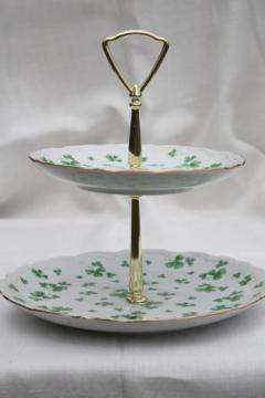 catalog photo of vintage Lefton china green shamrock tiered plate, two-tier tea sandwich or cake tray