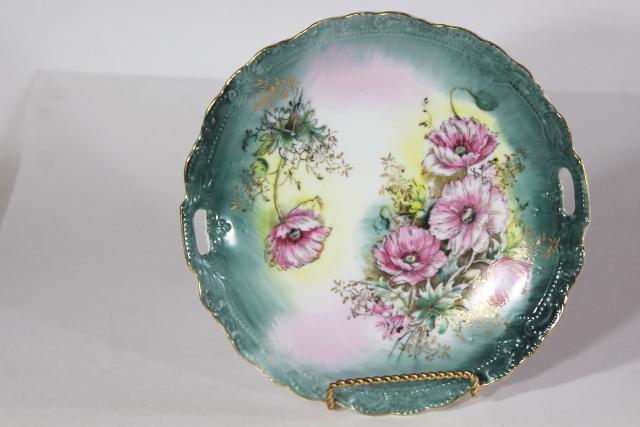 photo of vintage Lefton china serving plate, handled tray w/ hand painted poppies #1