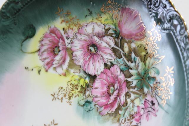 photo of vintage Lefton china serving plate, handled tray w/ hand painted poppies #4