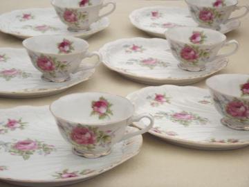 catalog photo of vintage Lefton china snack sets, hand painted pink roses tea cups & trays