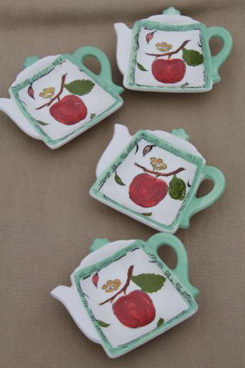 photo of vintage Lefton china tea bag holders, set of tea pot dishes w/ hand painted apples #1