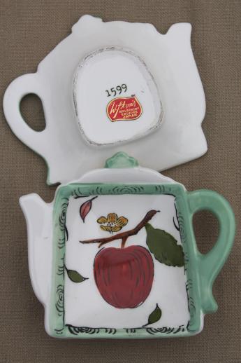photo of vintage Lefton china tea bag holders, set of tea pot dishes w/ hand painted apples #3