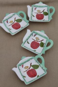 catalog photo of vintage Lefton china tea bag holders, set of tea pot dishes w/ hand painted apples