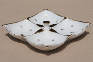 catalog photo of vintage Lefton china white & gold fleur de lis relish dish or four part ashtray