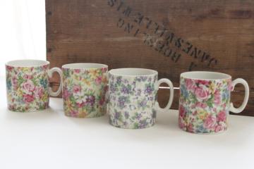 catalog photo of vintage Lefton chintz china coffee or tea mugs, roses floral, summer flowers, violets 