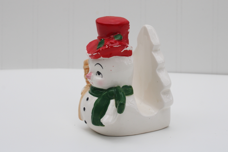 photo of vintage Lefton hand painted ceramic snowman napkin holder or letter rack for Christmas cards #2