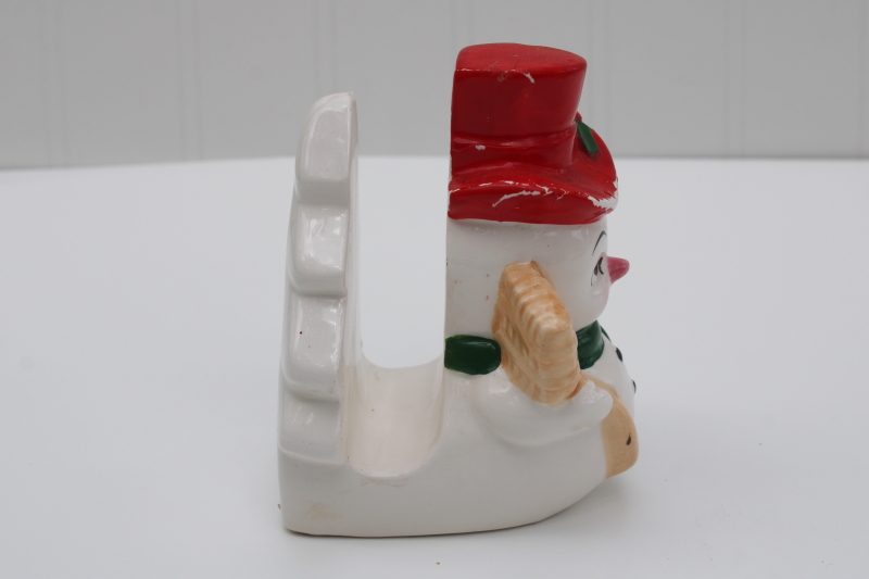 photo of vintage Lefton hand painted ceramic snowman napkin holder or letter rack for Christmas cards #4