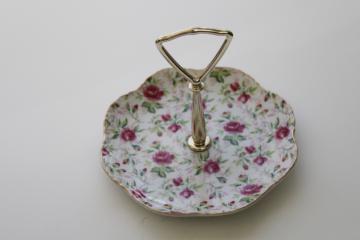 catalog photo of vintage Lefton rose chintz china candy dish, tiny plate w/ center handle trinket tray