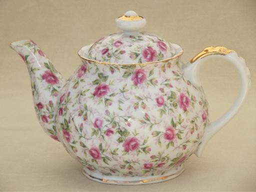 photo of vintage Lefton rose chintz china teapot, large round tea pot #1