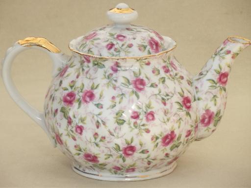 photo of vintage Lefton rose chintz china teapot, large round tea pot #3