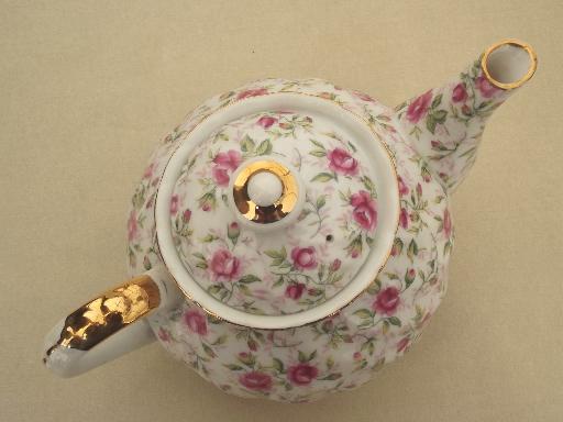 photo of vintage Lefton rose chintz china teapot, large round tea pot #5