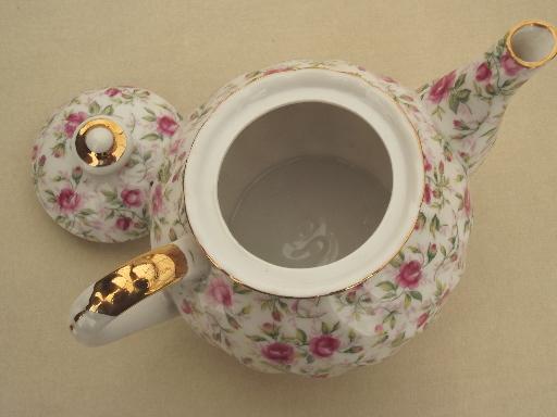 photo of vintage Lefton rose chintz china teapot, large round tea pot #6