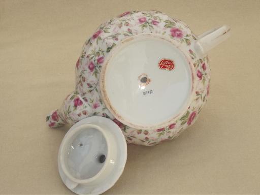 photo of vintage Lefton rose chintz china teapot, large round tea pot #7