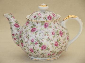 catalog photo of vintage Lefton rose chintz china teapot, large round tea pot