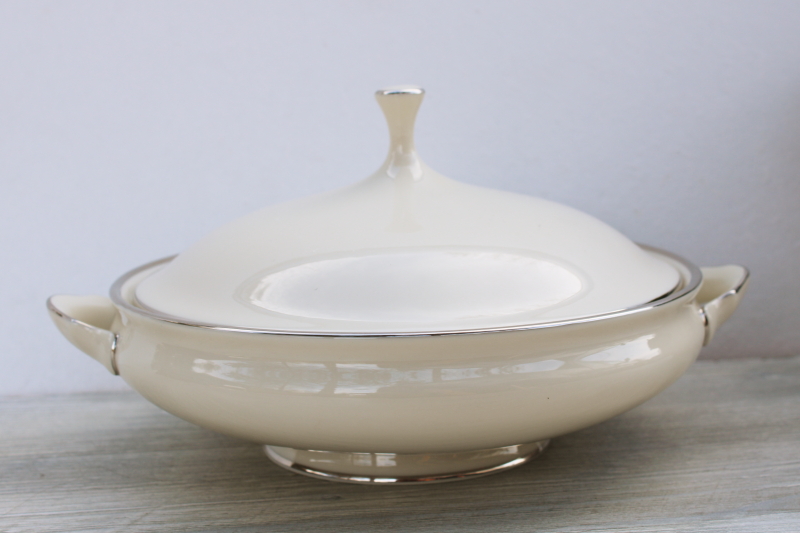 photo of vintage Lenox Montclair platinum trim ivory serving dish w/ cover, large round covered bowl #8