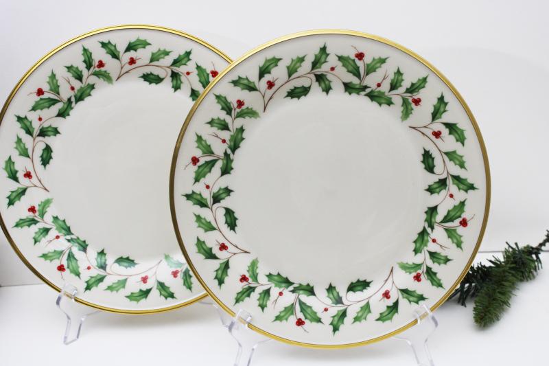 photo of vintage Lenox china Christmas holiday pattern dinner plates, holly border w/ gold #1