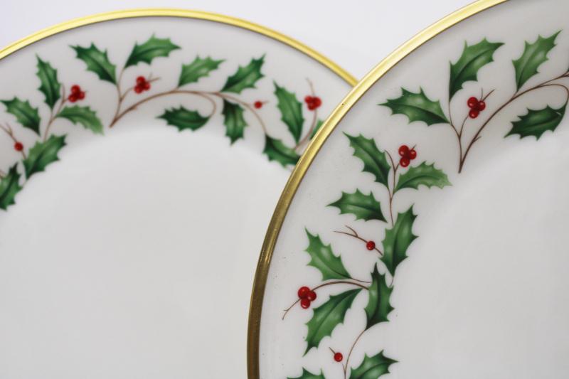 photo of vintage Lenox china Christmas holiday pattern dinner plates, holly border w/ gold #2