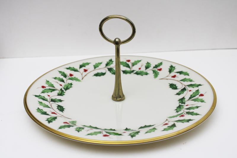 photo of vintage Lenox china Christmas holly holiday sandwich plate w/ center handle #1