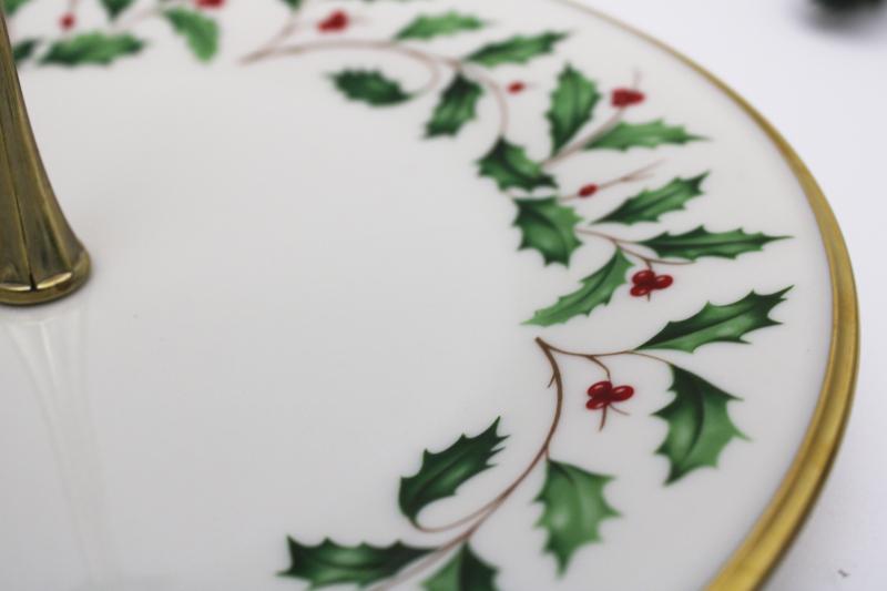 photo of vintage Lenox china Christmas holly holiday sandwich plate w/ center handle #2