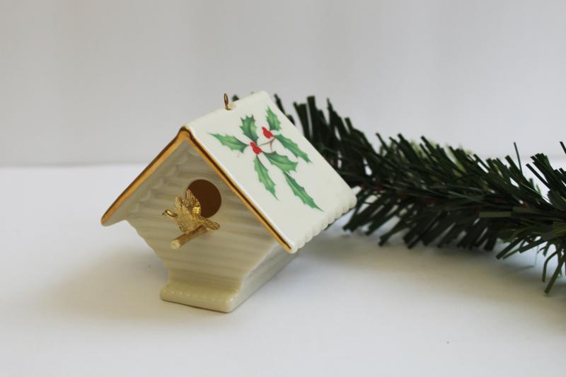 photo of vintage Lenox china Holiday holly Christmas ornament, birdhouse w/ gold bird #1