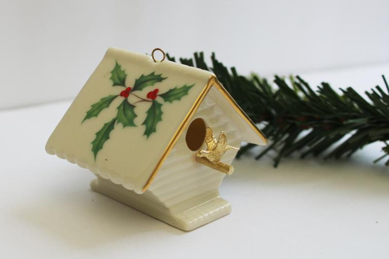 photo of vintage Lenox china Holiday holly Christmas ornament, birdhouse w/ gold bird #2