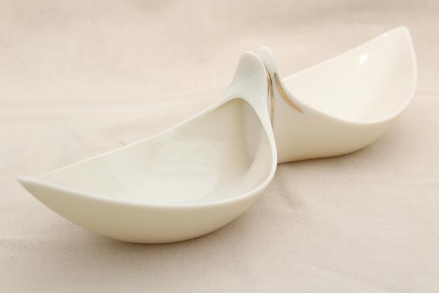 photo of vintage Lenox china dish, old ivory / gold giftware, handkerchief shape double bowl #1