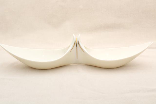 photo of vintage Lenox china dish, old ivory / gold giftware, handkerchief shape double bowl #2