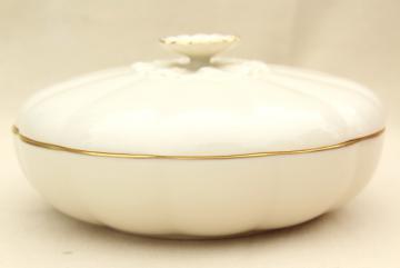 catalog photo of vintage Lenox china gold trim ivory covered dish, round box flower shape bowl