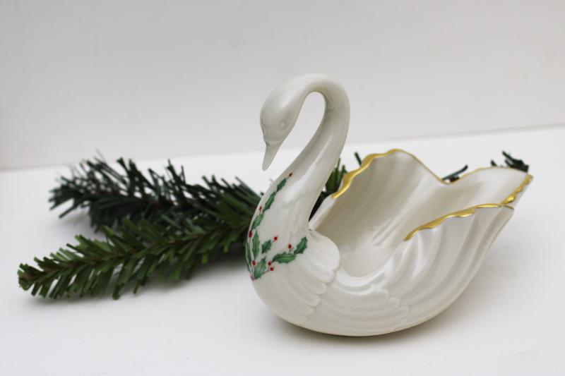 photo of vintage Lenox china swan, Christmas green & red holly holiday pattern  #1