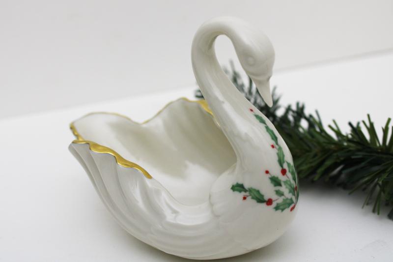 photo of vintage Lenox china swan, Christmas green & red holly holiday pattern  #2