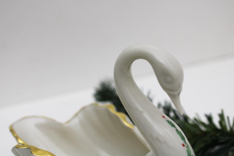 photo of vintage Lenox china swan, Christmas green & red holly holiday pattern  #3