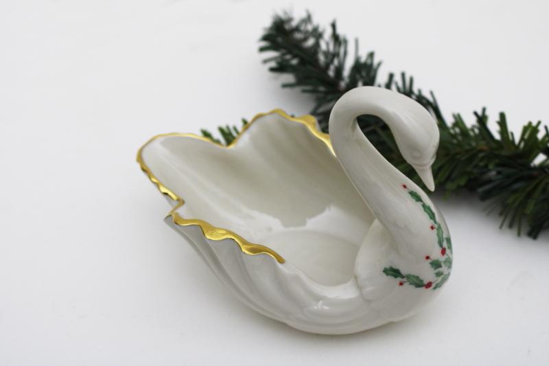 photo of vintage Lenox china swan, Christmas green & red holly holiday pattern  #4