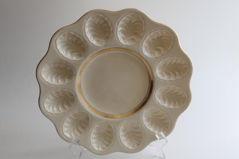 photo of vintage Lenox deviled egg plate serving tray, ivory china w/ plain gold band  #1