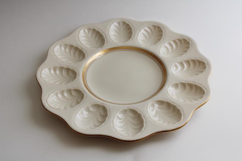 photo of vintage Lenox deviled egg plate serving tray, ivory china w/ plain gold band  #2