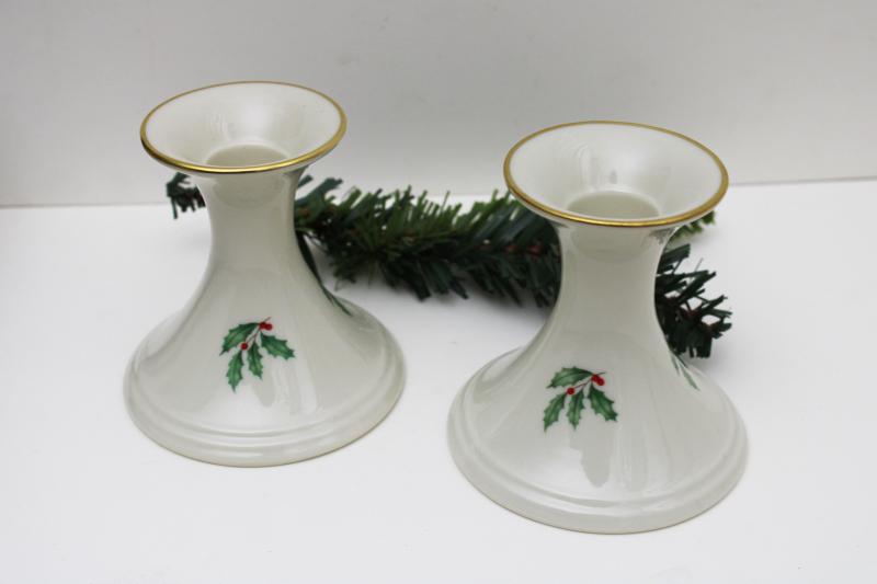 photo of vintage Lenox holiday holly china, pair of candlesticks, taper candle holders #1