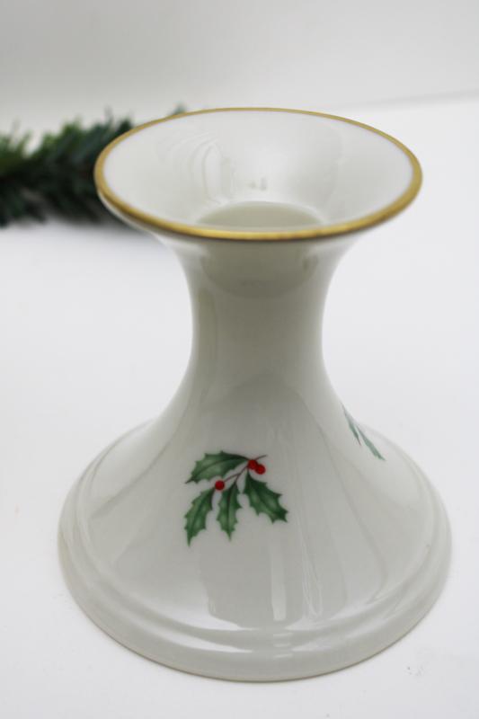 photo of vintage Lenox holiday holly china, pair of candlesticks, taper candle holders #3