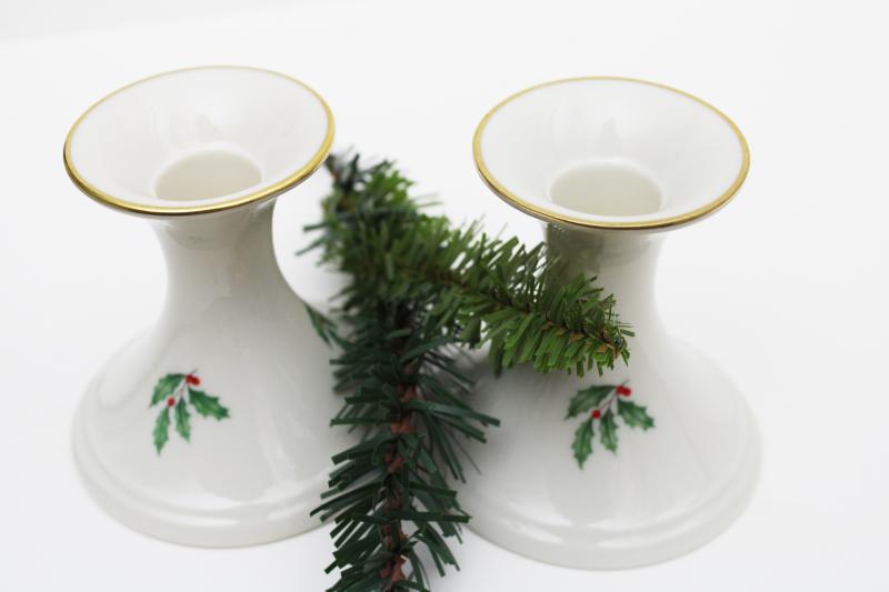 photo of vintage Lenox holiday holly china, pair of candlesticks, taper candle holders #6