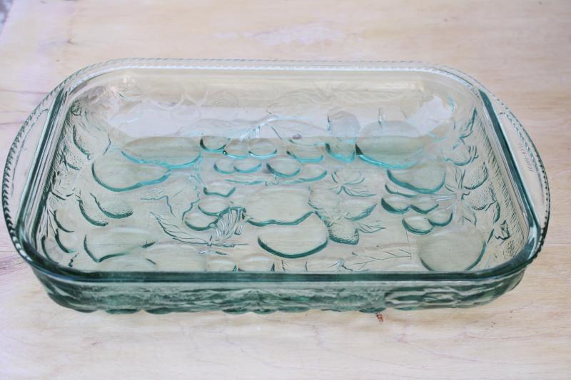 photo of vintage Libbey Orchard fruit pattern rectangular baker baking pan, spanish green #5