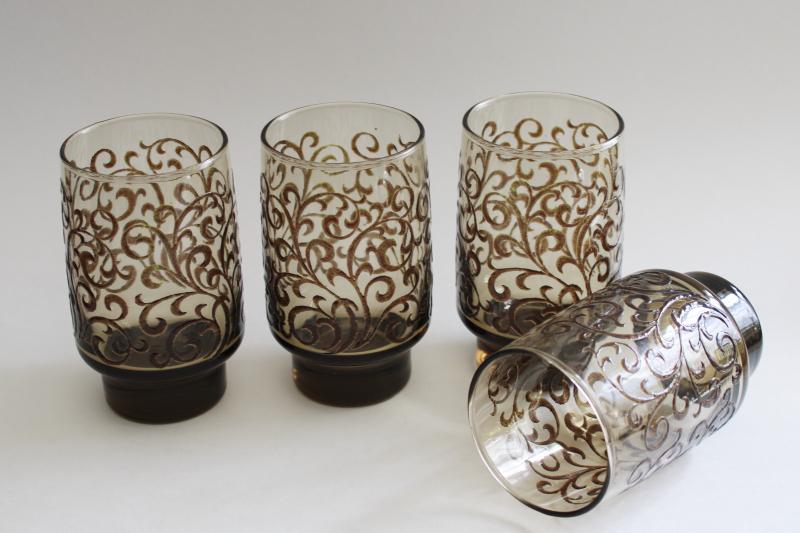 photo of vintage Libbey Prado tawny smoke glass drinking glasses, brown scrolls mod Accent shape #1