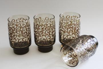 photo of vintage Libbey Prado tawny smoke glass drinking glasses, brown scrolls mod Accent shape