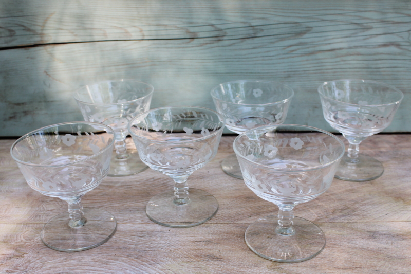 photo of vintage Libbey Rock Sharpe crystal clear glass sherbet glasses, Halifax floral cut #1