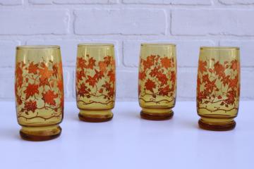 catalog photo of vintage Libbey autumn leaf print amber glass drinking glasses, fall colors ombre leaves 