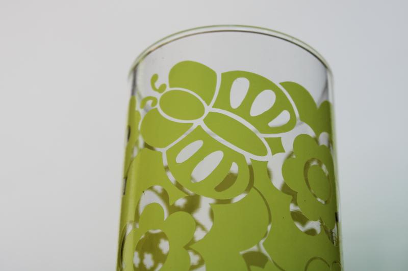 photo of vintage Libbey drinking glasses, flower power lime green daisies print tumblers #2
