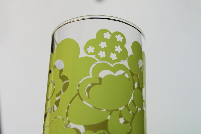 photo of vintage Libbey drinking glasses, flower power lime green daisies print tumblers #3