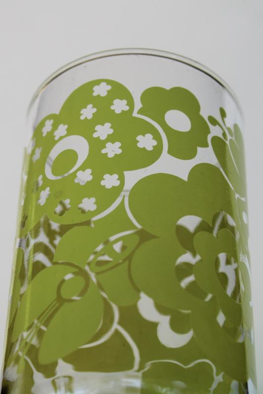 photo of vintage Libbey drinking glasses, flower power lime green daisies print tumblers #4