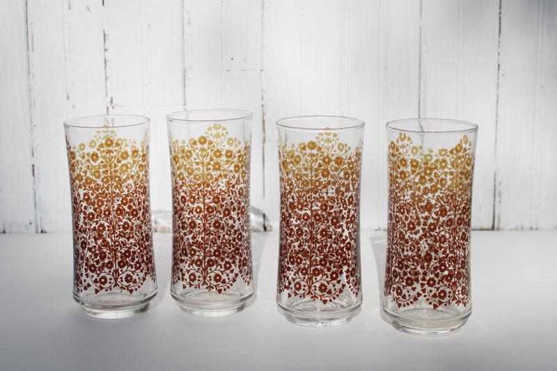 photo of vintage Libbey glass tall tumblers, retro golden brown flowers print drinking glasses #1