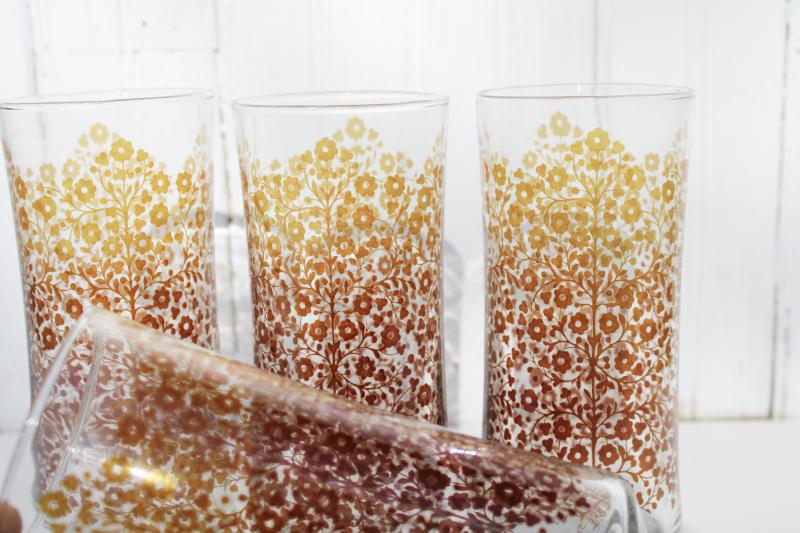 photo of vintage Libbey glass tall tumblers, retro golden brown flowers print drinking glasses #4
