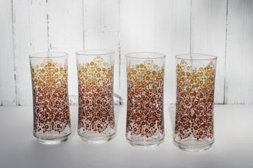 vintage Libbey glass tall tumblers, retro golden brown flowers print drinking glasses