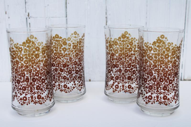 photo of vintage Libbey glass tumblers, retro golden brown flowers print drinking glasses  #4
